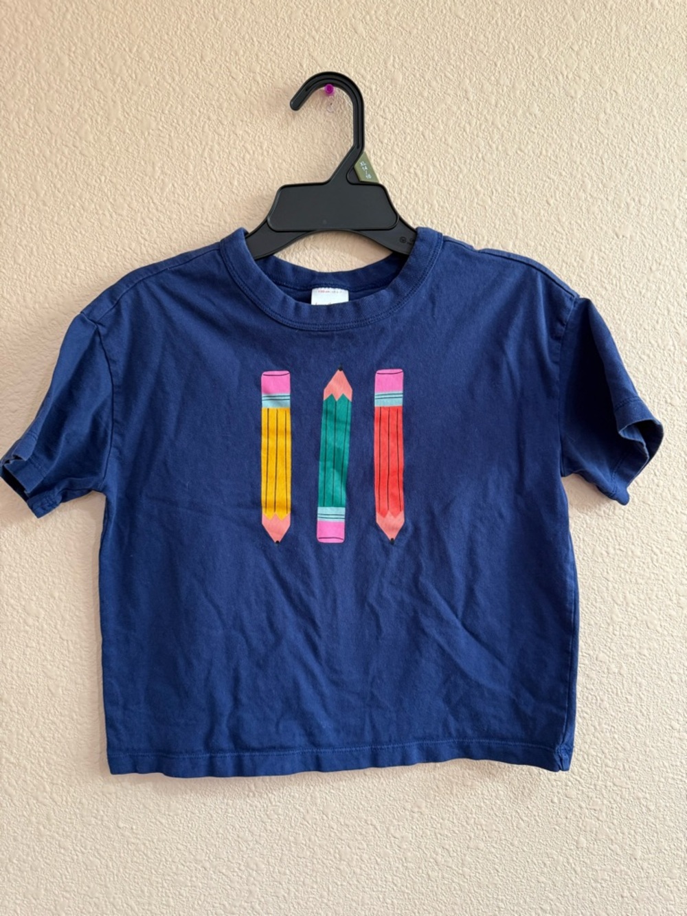 Hanna Andersson Navy Tee with Yellow, Green & Red Pencil Graphics